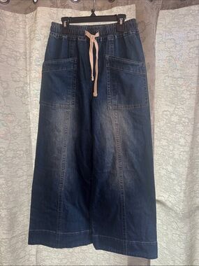 mittoshop Dark Blue Wide-Leg Denim Pants with Drawstring